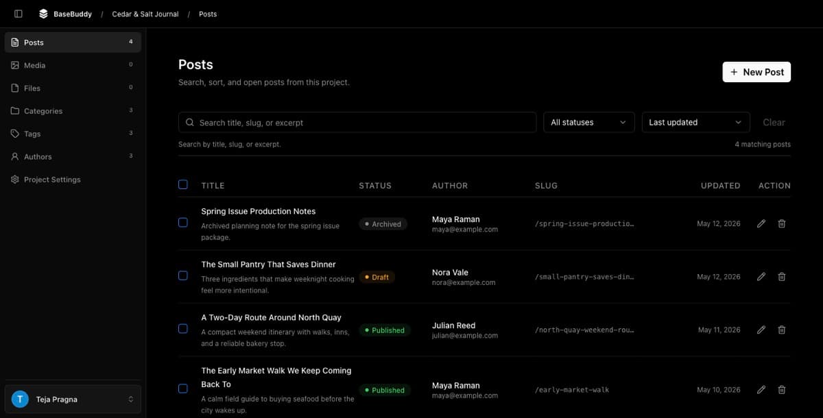 BaseBuddy posts list showing mapped content items