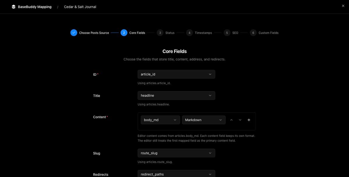 Posts mapping core fields step with the article table fields selected