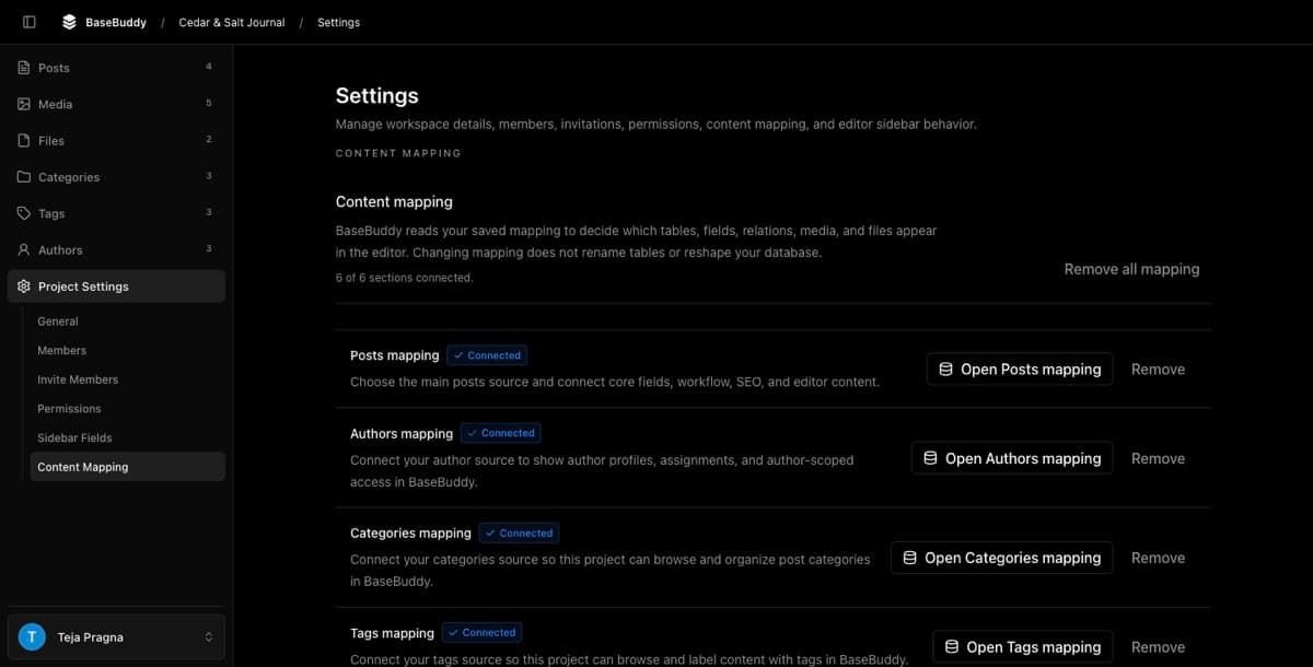 Content mapping overview showing posts, authors, categories, tags, media, and files connected