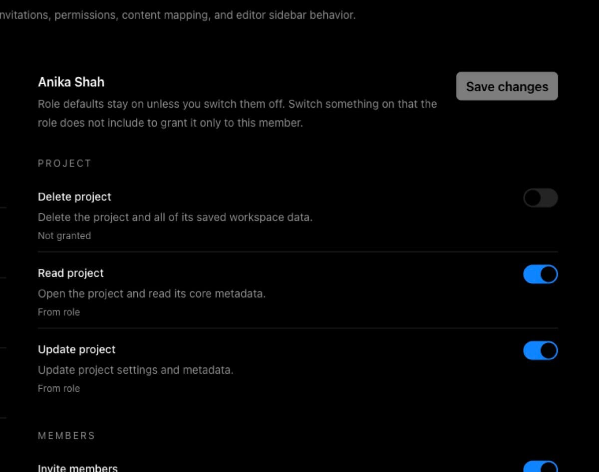 Permission controls for a project member with role defaults and overrides