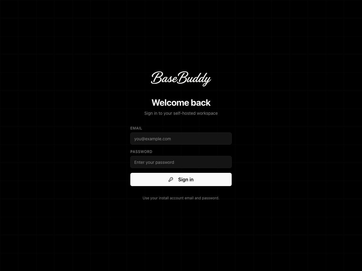 BaseBuddy login screen for local email and password sign-in