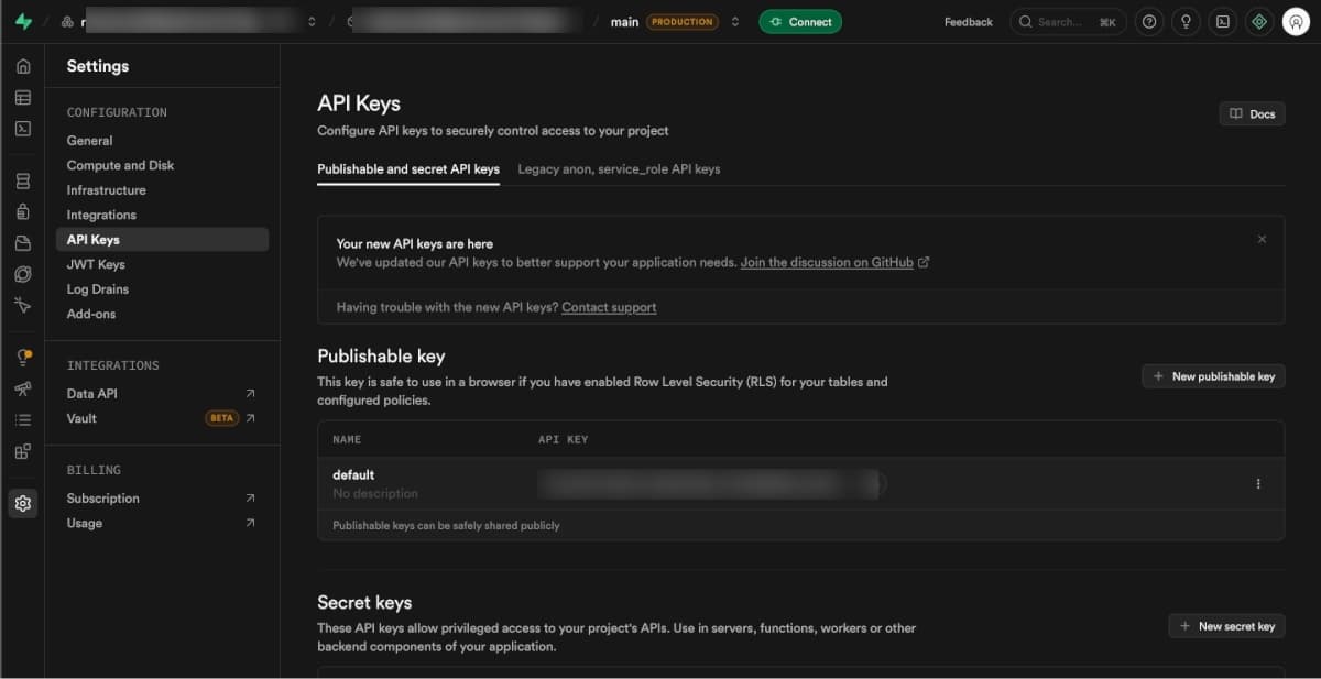 Supabase API Keys settings showing publishable and secret key areas with exact key values blurred
