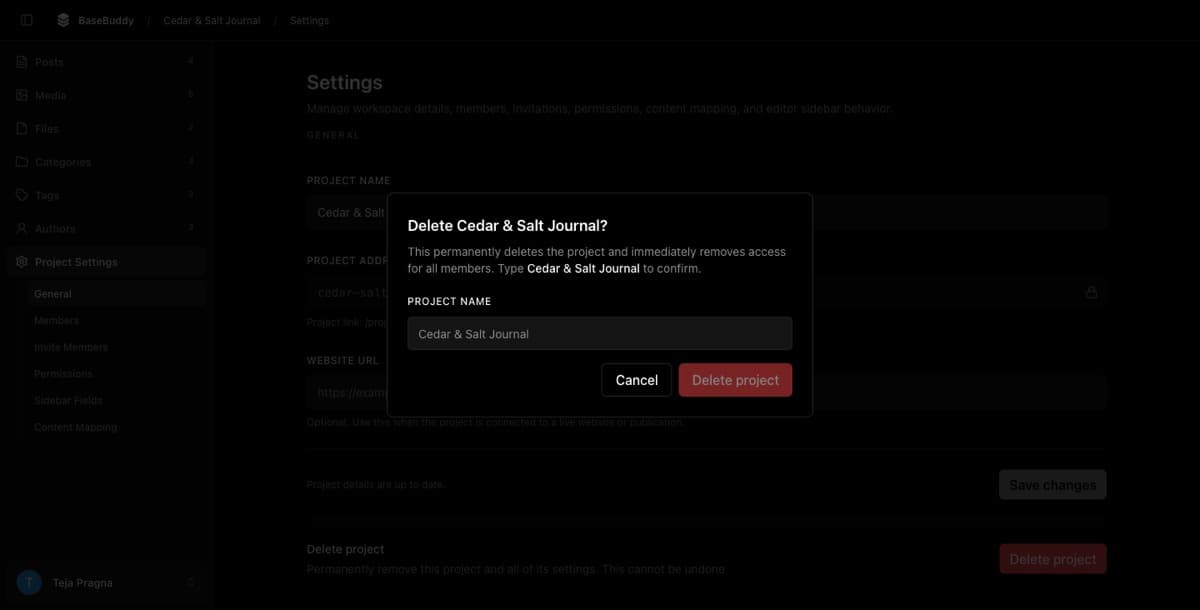 Delete project confirmation dialog requiring the project name before deletion