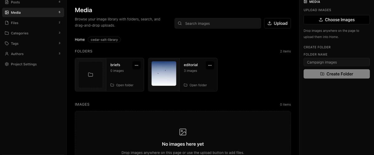 Media library with mapped folders, upload controls, and sidebar actions