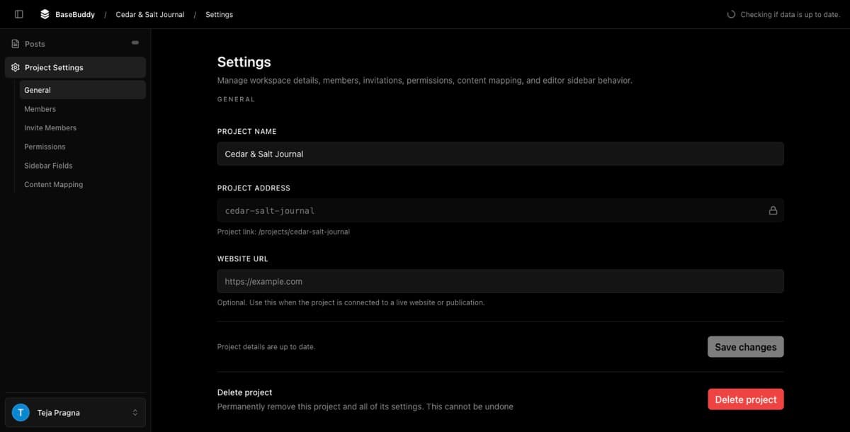 Project general settings showing the Delete project action