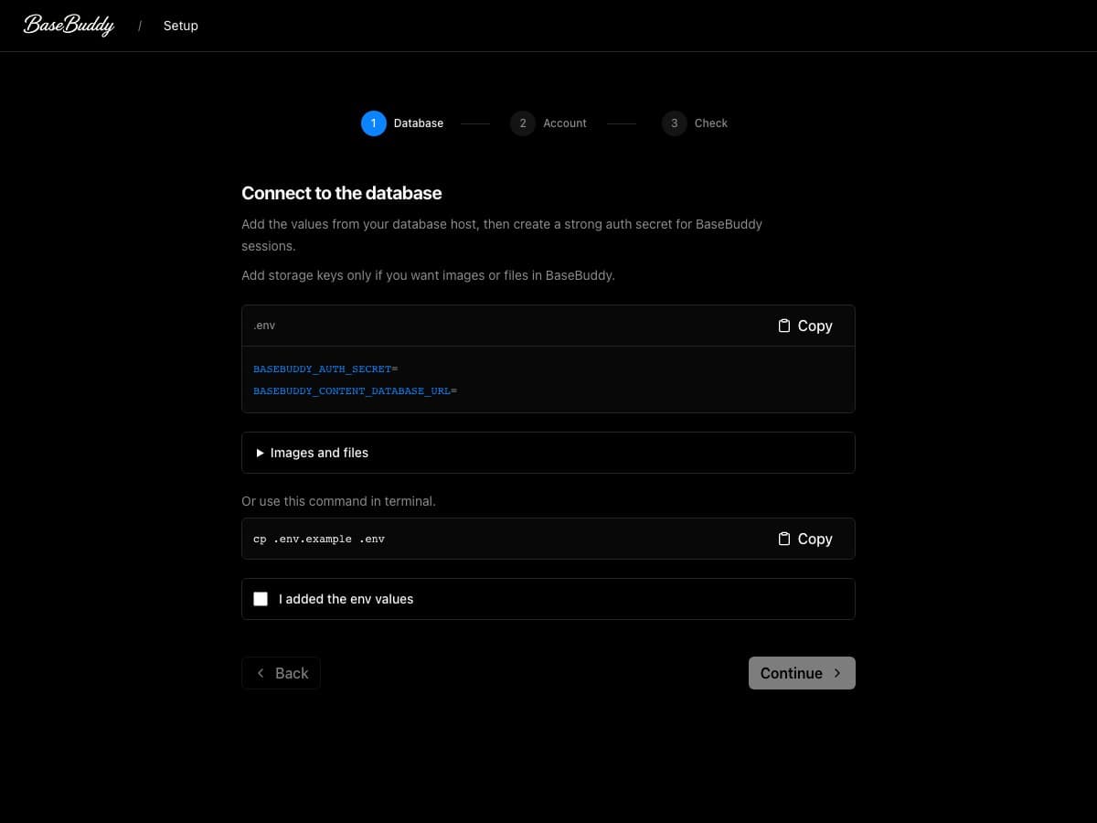 BaseBuddy setup screen showing the database URL env field with placeholder values