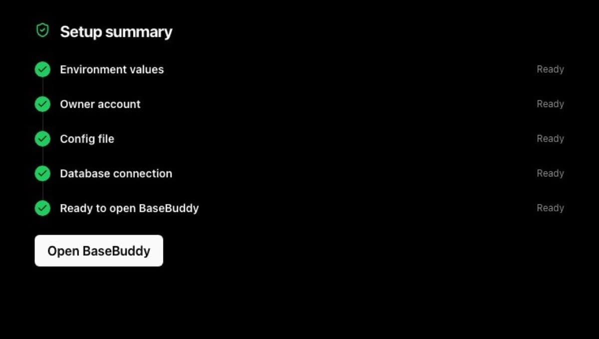 BaseBuddy setup summary showing database and setup checks ready