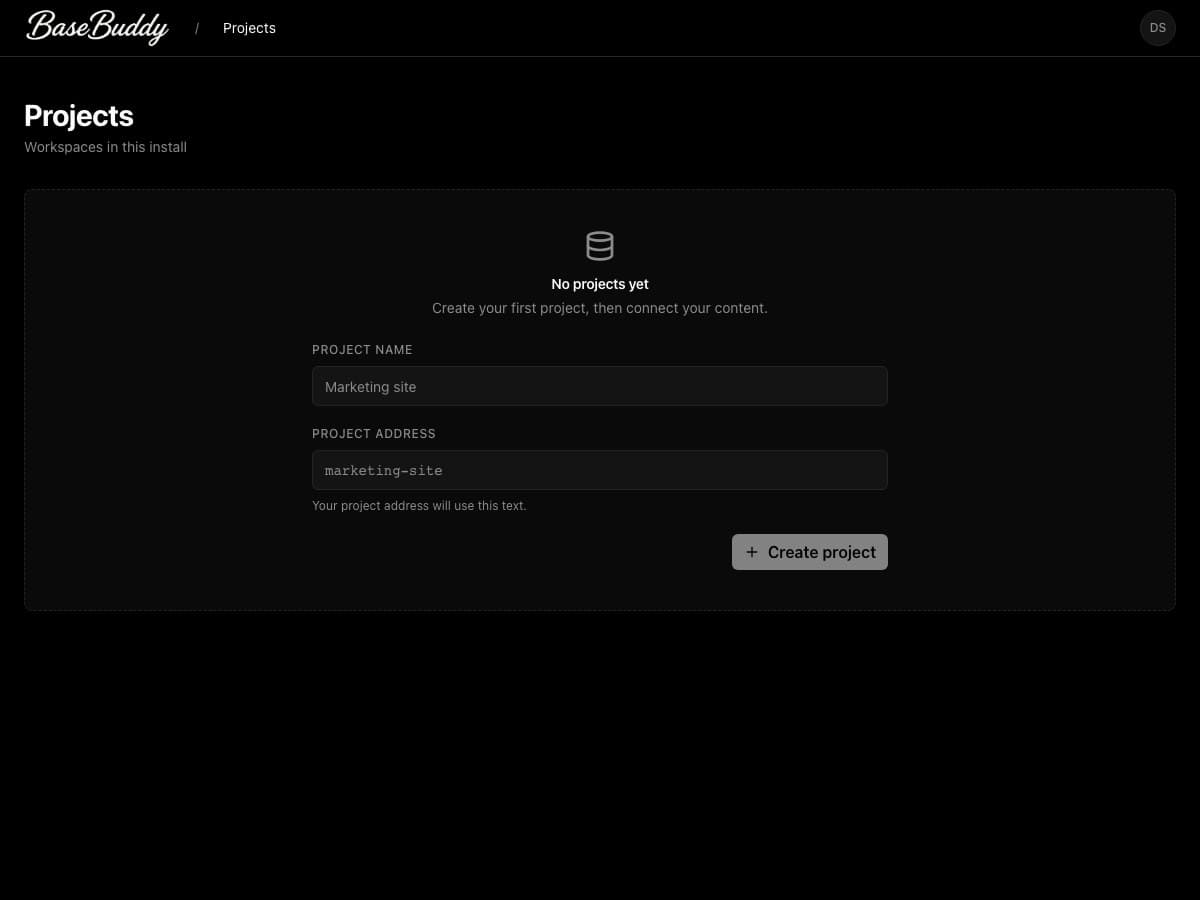 BaseBuddy Projects page showing the empty project creation form