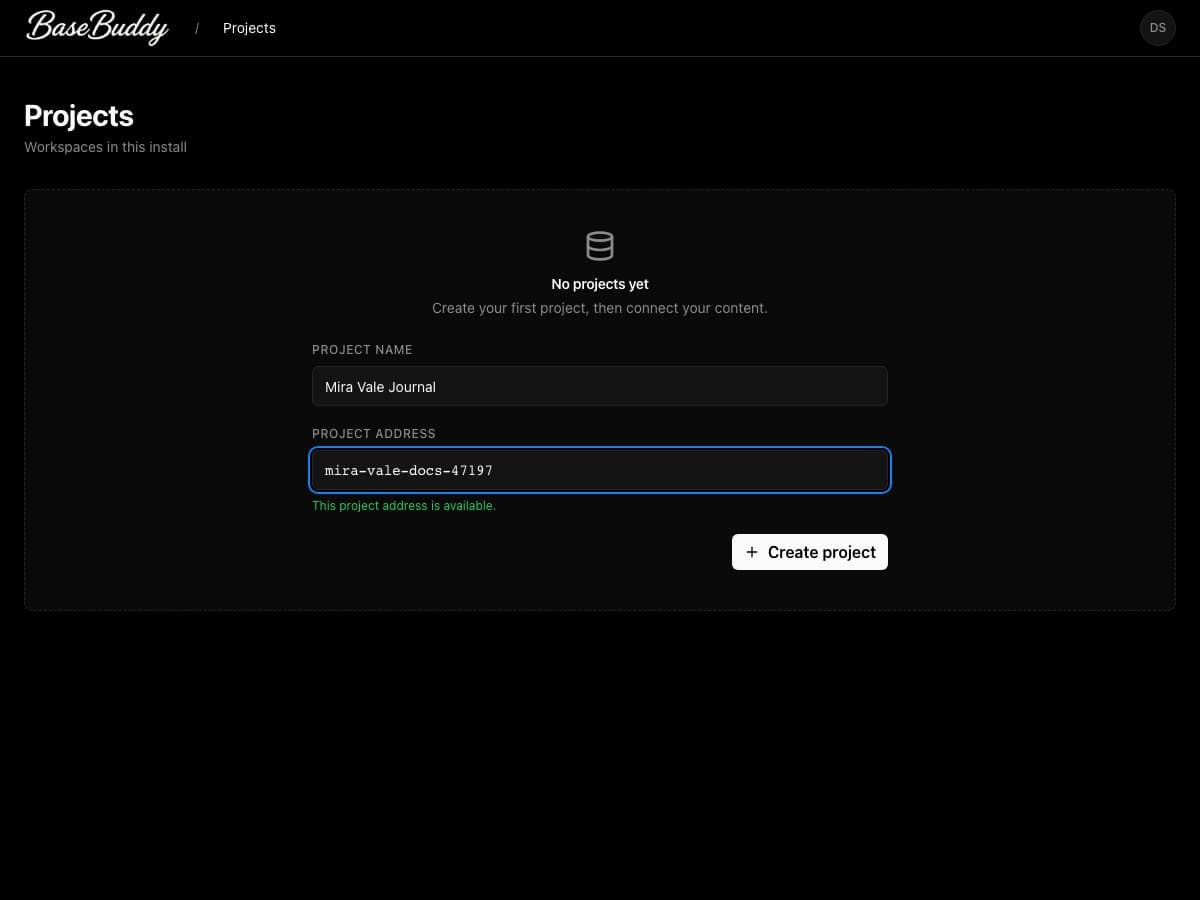 BaseBuddy project creation form with a project name and available address