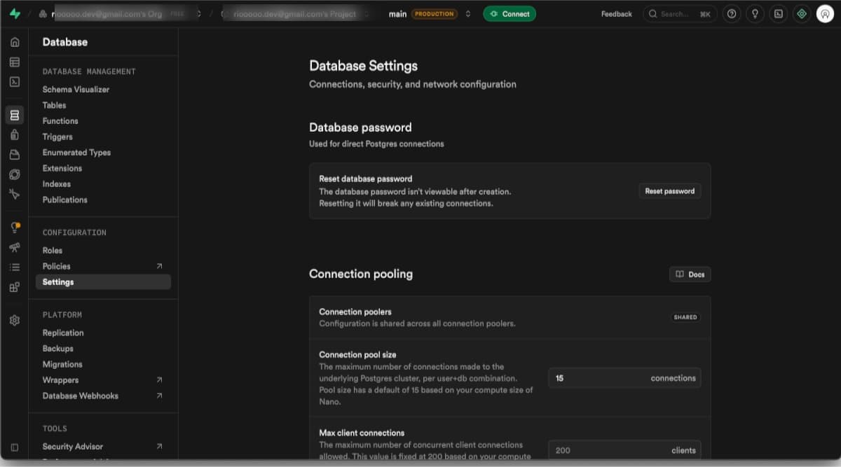 Supabase Database Settings page showing the database password reset area